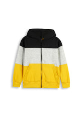 Kids Black-Grey-Yellow Color-Block Zip-Up Hoodie – 100% Cotton Fleece